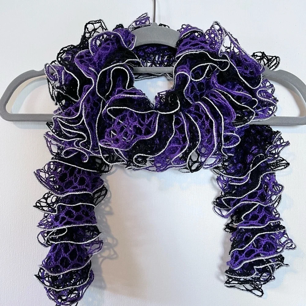 Hand Knitted Ruffle Scarf Purple Silver Black Baltimore Ravens Team Colors